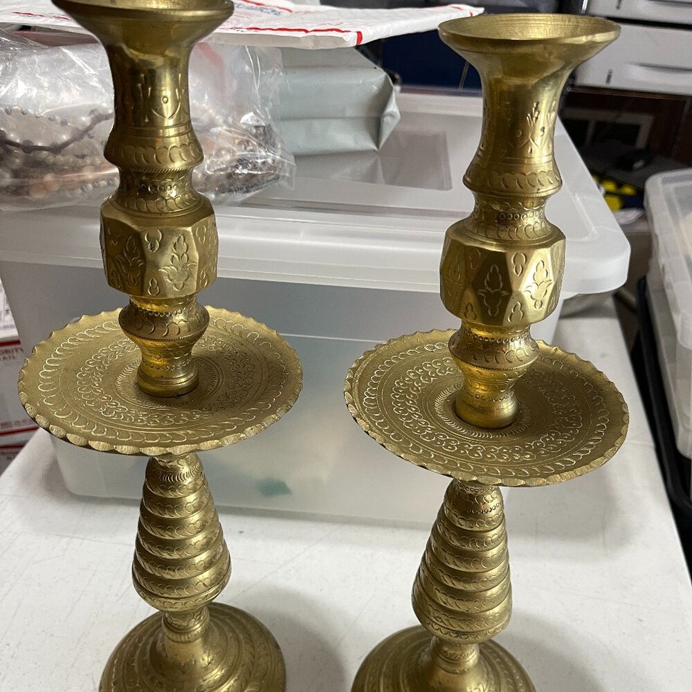 1950'S VINTAGE ETCHED BRASS MOROCCAN CANDLE HOLDER WITH DRIP TRAY SET OF 2